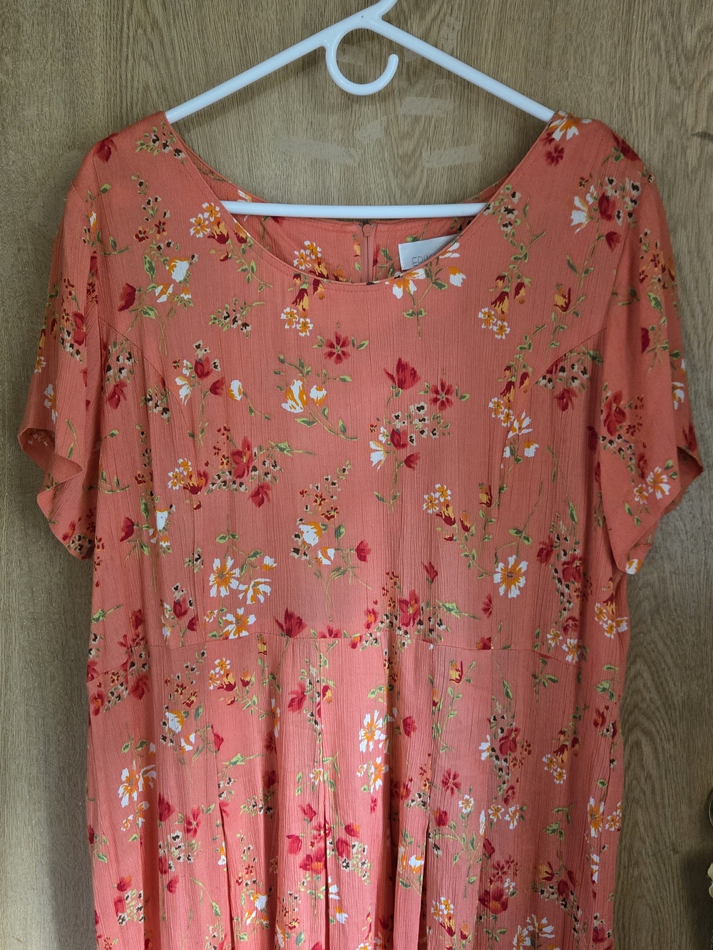 Women’s Coral Floral Spring Summer Casual Scoop-Neck Padded Shoulders Dress - Picture 5 of 8